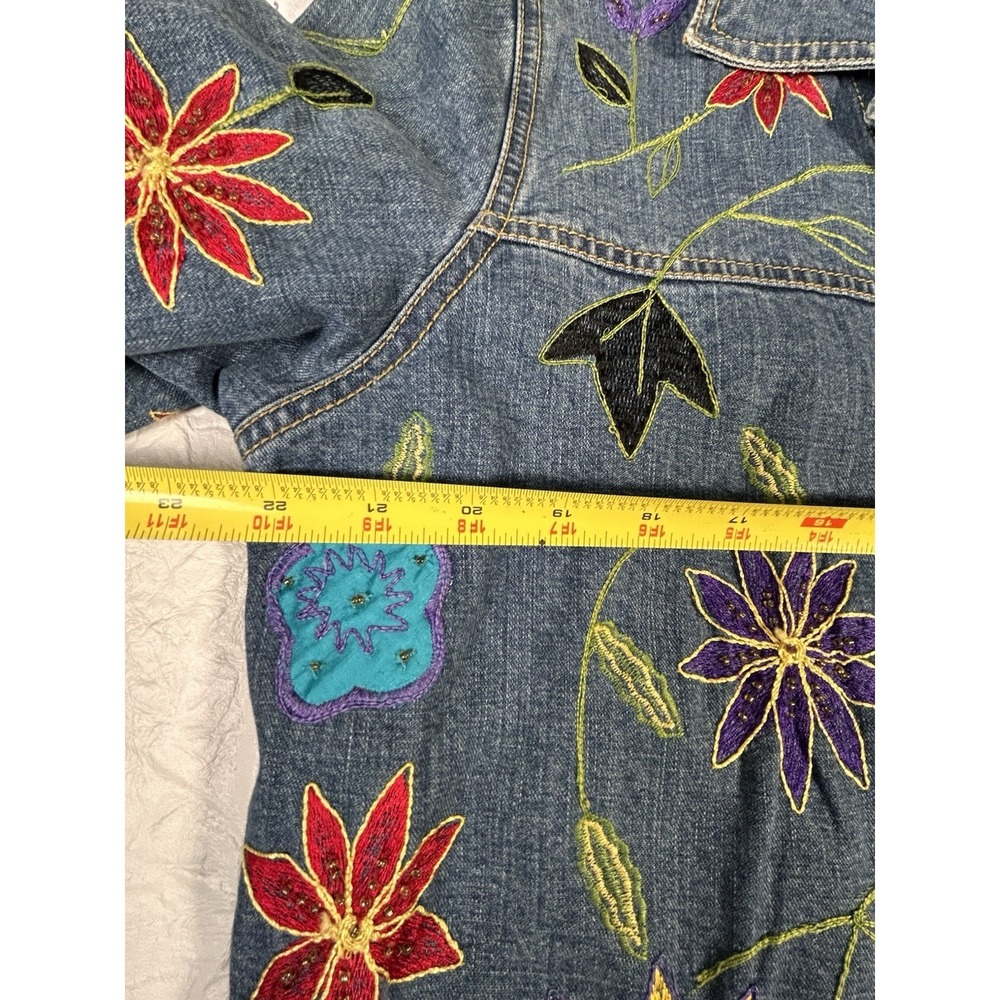 Women's Chico's‎ Design Y2K sz 1 Denim Floral Embroidered Jean Jacket Vtg Med - Picture 13 of 14